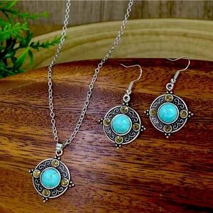 Earrings & Necklace Turquoise Silver Round Geometric Pattern Embossed Set